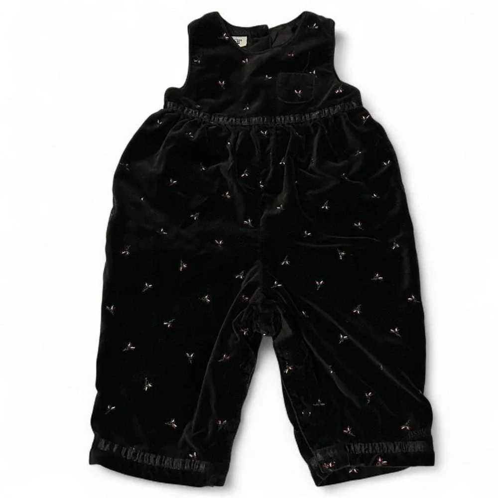 Vintage OshKosh B'gosh Black Velvet Baby Jumper 90s Y2k Floral Print 12m